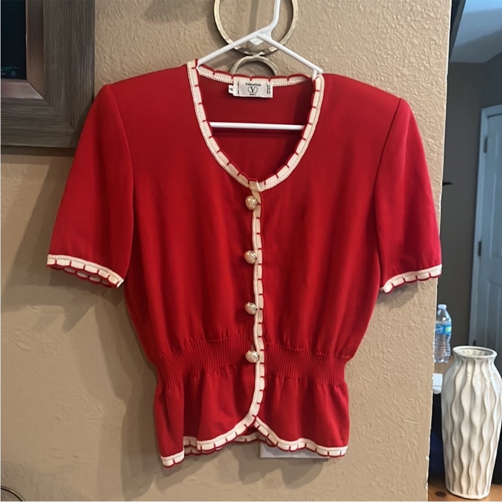 Valentino Miss V Vintage Red White Trim Button
Down Sweater
